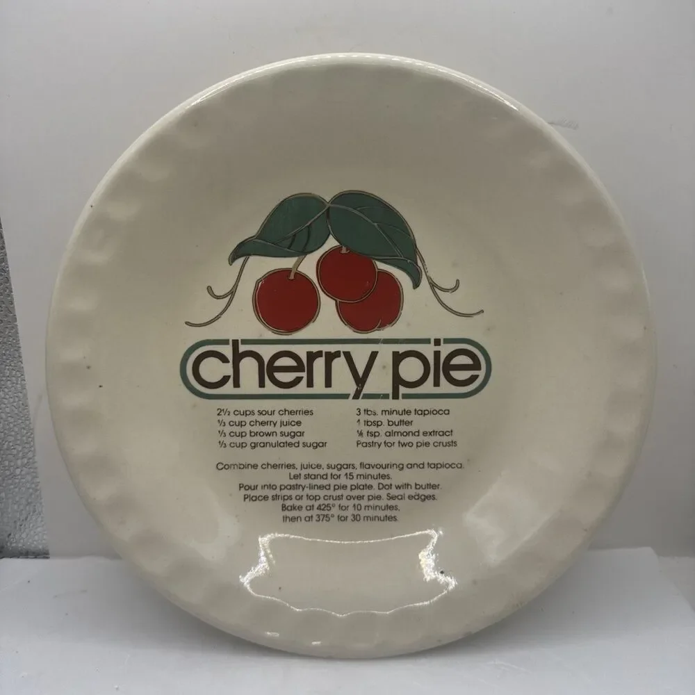 Vintage Retro 1980’s Ceramic Cherry Pie Plate with Recipe 10” Dish